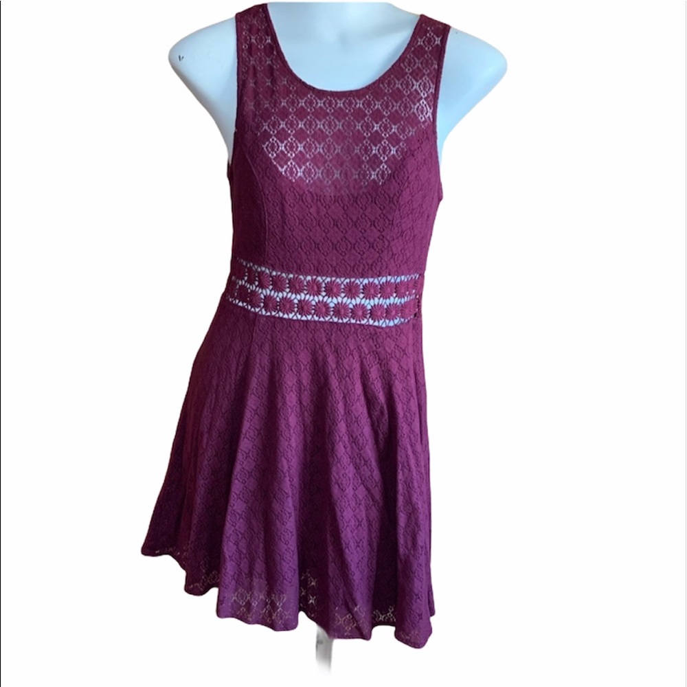 Free People Burgundy Lace Sheer Mini Dress SZ 8